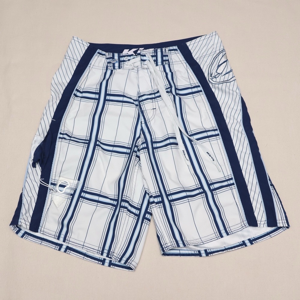 Kirra Board Shorts Mens 28 White Blue Plaid Y2K Surf Skate Swim Trunks